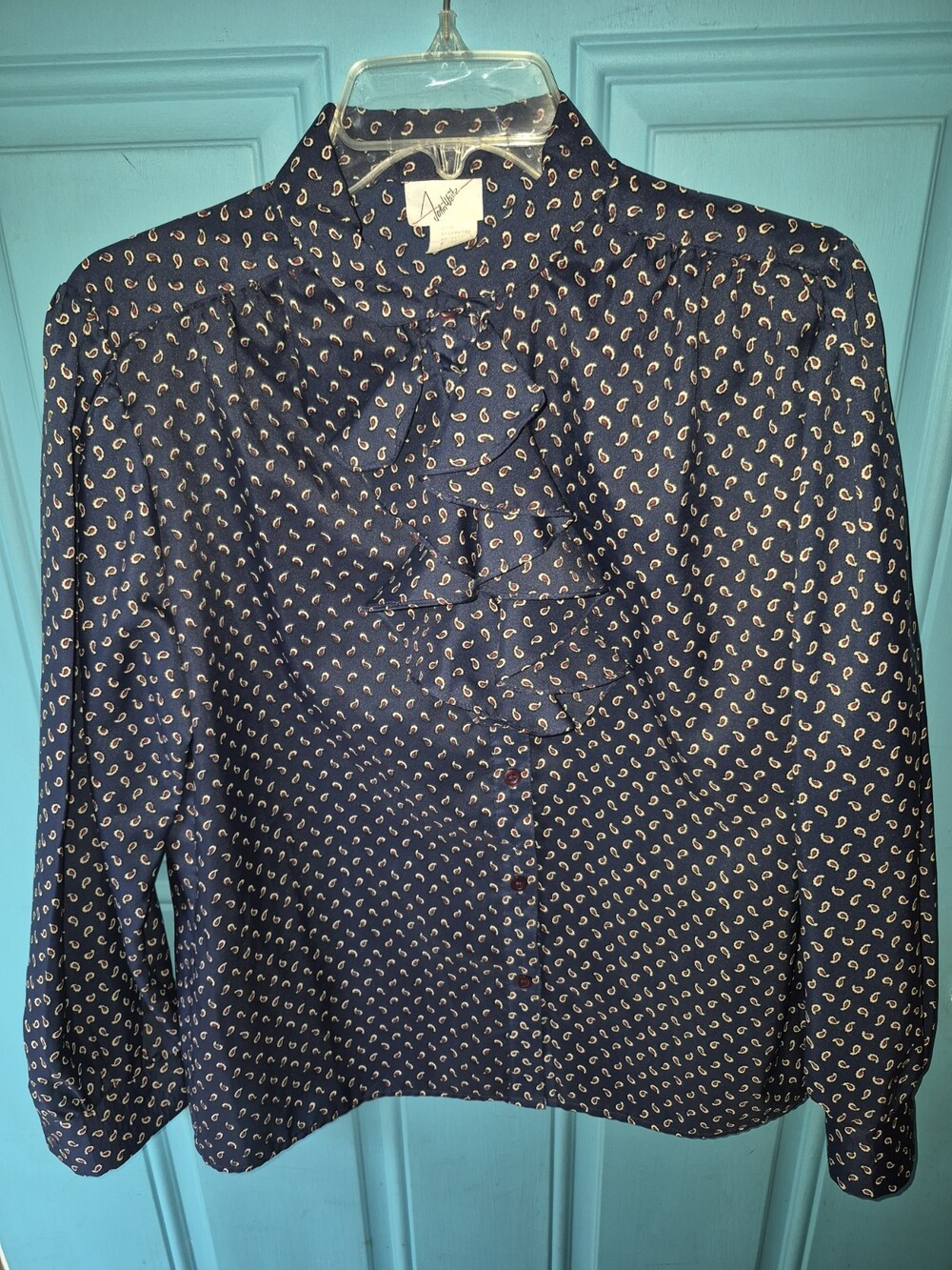 John Weitz 90s Blue Paisley Ruffle Front Secretary Blouse Long Sleeve #231